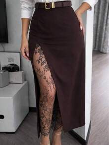 Autumn/Winter High Waist Slit Sexy Brown Lace Patchwork Elegant Long Skirt Niche Luxury - Brown - View 4