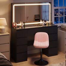 Devoko Modern Vanity Table With Extra Large LED Mirror, 3 Light Colors And Dimmable Brightness, Dressing Table With Glass Top, 9 Drawers, Power Strip And Hair Dryer Holder, White/Black - 查看 3