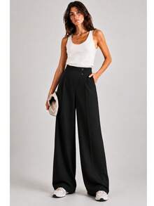 Women's High Waist Asymmetric Wrap Front Button Detail Wide Leg Pants - 黑色 - 查看 2