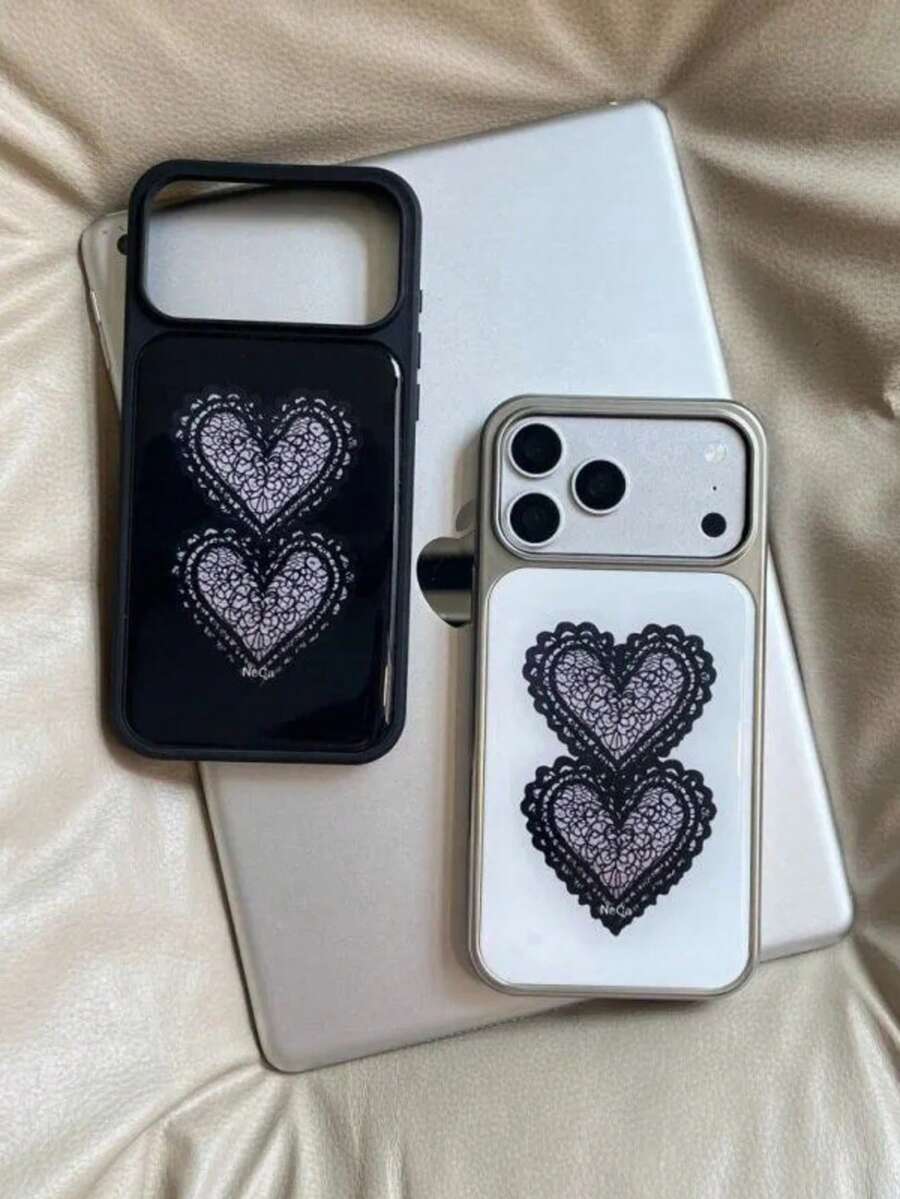 1pc Black & White Lace Double Heart Pattern Glossy Large Window Shockproof Soft Shell Full Camera Protection Couple Style Optional No Lanyard Accessory Phone Case Compatible With All Apple Models Korean Minimalist Sexy INS Gentle Style - Black - View 1