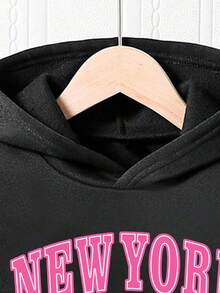 2pcs/Set Girls Letter Print Warm Hoodie And Sweatpants Set - Black - View 3