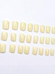 24片黃色正方形短款經典極簡法式風格全覆蓋穿戴式人造指甲，美甲用品，適合派對、約會與返校日常佩戴 - 黃色 - 查看 3