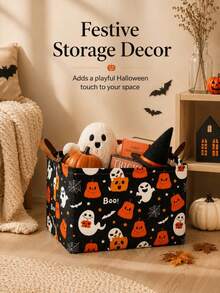 Halloween Style, Rectangular Pumpkin Bat Print, Dual Handle Storage Organizer Bin For Toys Blankets Books, Home Party Living Room Autumn Season. - Multicolor - View 5