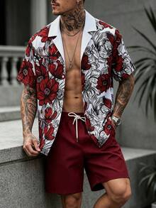 Men's Summer Burgundy Floral Print Shirt & Shorts Set, Cozy Outfits - Burgundy - View 1