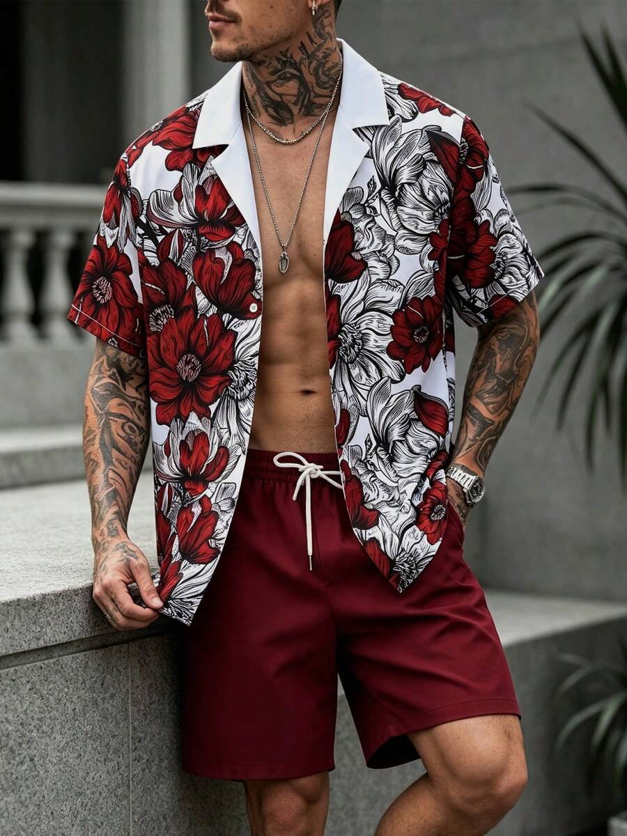 Men's Summer Burgundy Floral Print Shirt & Shorts Set, Cozy Outfits - Burgundy - View 1