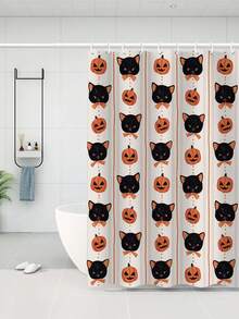 1pc Black Cat Pumpkin Halloween Pattern Waterproof Shower Curtain With Vertical Stripes, Suitable For Bathroom Partition Curtain With Hooks, Home Bathroom Decor Curtain, All Season Universal Shower Curtain - Multicolor - View 2