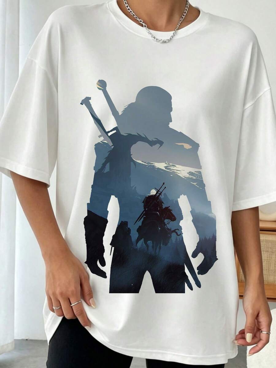 Vintage Inspired Geralts Of Rivia Double Exposure Mountain Rider Silhouette The Witcher Wild Hunt Game Fan Graphic Casual Tee - 白色 - 查看 1