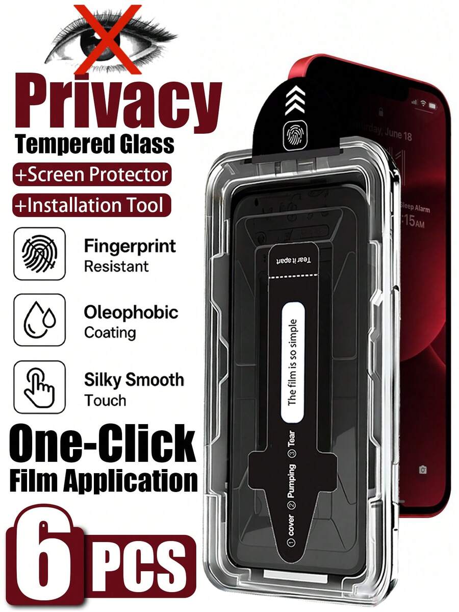 6pcs Anti-Peeping Privacy Screen Protector, High-Hardness Tempered Glass Material, Effective Adsorption, Not Easy To Fall Off During Daily Use. With Dust-Removal Box For Quick Installation, Beginners Can Easily Install. Compatible With IPhone17e/17 Pro Max/17 Pro/17/16 Pro Max/16 Pro/16 Plus/16/15 Pro Max/15//14/13 And Other Models. - Black - View 1