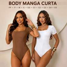 Body Manga Curta Feminino Decote Quadrado Básico Bodie Suplex Social - 1 MARROM E 1 BRANCO - Visão 12