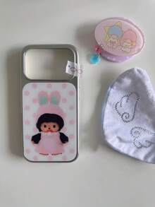 1pc White Background Pink Polka Dot Pink Rabbit Cartoon Pattern Electroplated Silver Frame Large Window Glossy Soft Shell Full Coverage Anti-Drop Lens Protection No Lanyard Accessories Phone Case Compatible With All Apple Models Retro Korean Girly Ins Style - Silver - View 5
