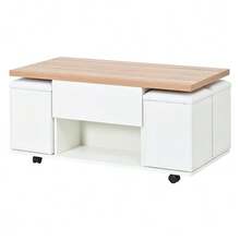 Height-Adjustable Coffee Table, 3-In-1 Multifunctional Table, Living Room Table With Storage, Convertible To Living Room Dining Table, Work Table With Wheels And 4 Stools, 100x50x48 Cm, White + Wood Tone - 自然色 - 查看 10