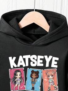 2pcs/Set Girls Cartoon Print Warm Hoodie And Sweatpants Set - Black - View 3