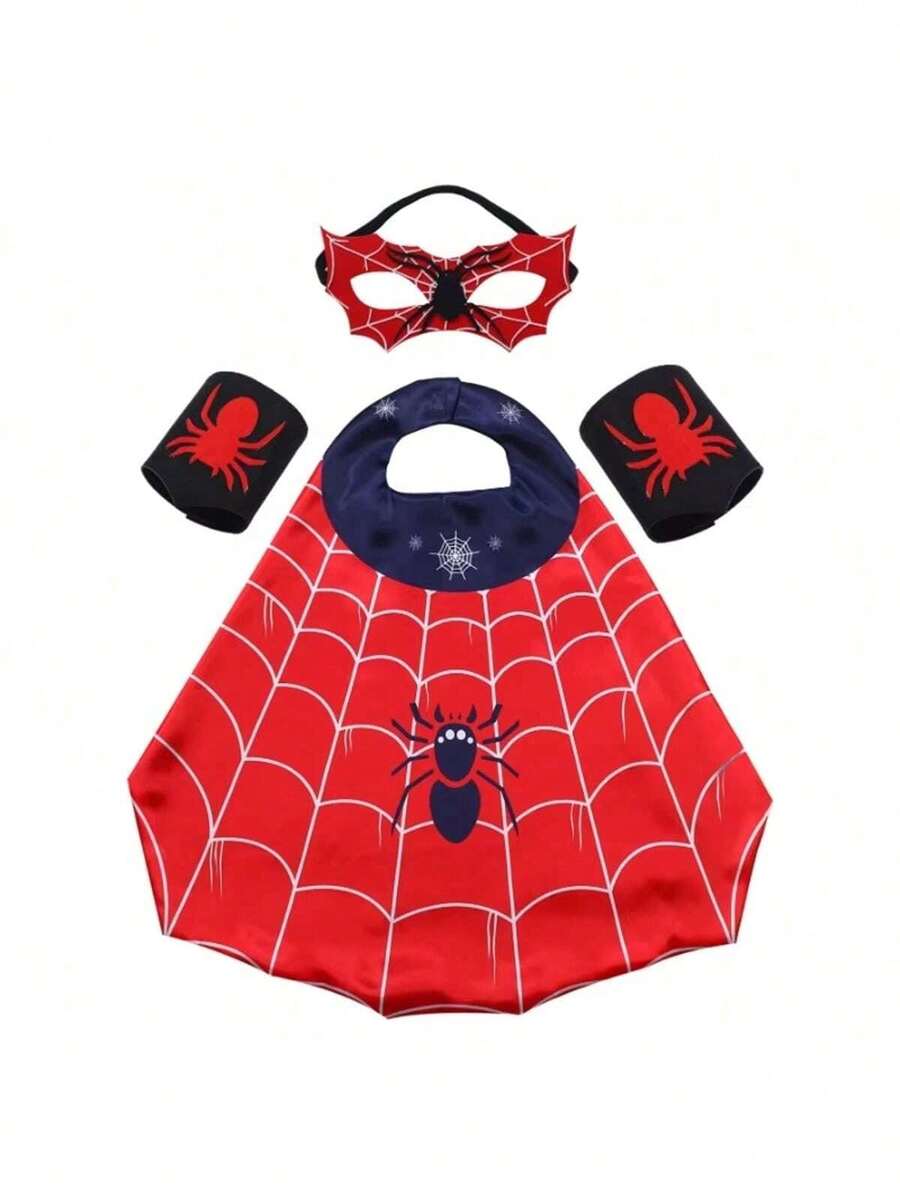 4pcs/Set Role Play Costume Set, Includes Superhero Color Cape, Felt Eye Mask And Spider Wrist Guards, Suitable For Halloween Costume, Birthday Party Photo Props And Theme Party Souvenirs (Random Style) - Multicolor - View 1