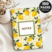 1pc 50-Page A5 Spiral Notebook, Light Beige Cover Decorated With Yellow Lemon And Green Leaf Pattern, Accented With Small Brown Dots, White Rectangular Frame With Green Border And "NOTES" Text In The Center, Black Spiral Binding Design, Lined Pages, Suitable For Journaling - Lemon - View 7