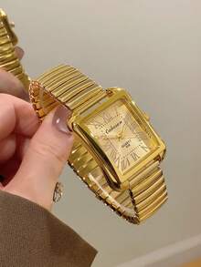 1pc Women's Fashionable & Elegant Gold Barrel Shaped Stainless Steel Gold Dial Roman Numeral Quartz Analog Wrist Watch, Suitable For Daily Decoration - Gold - View 1