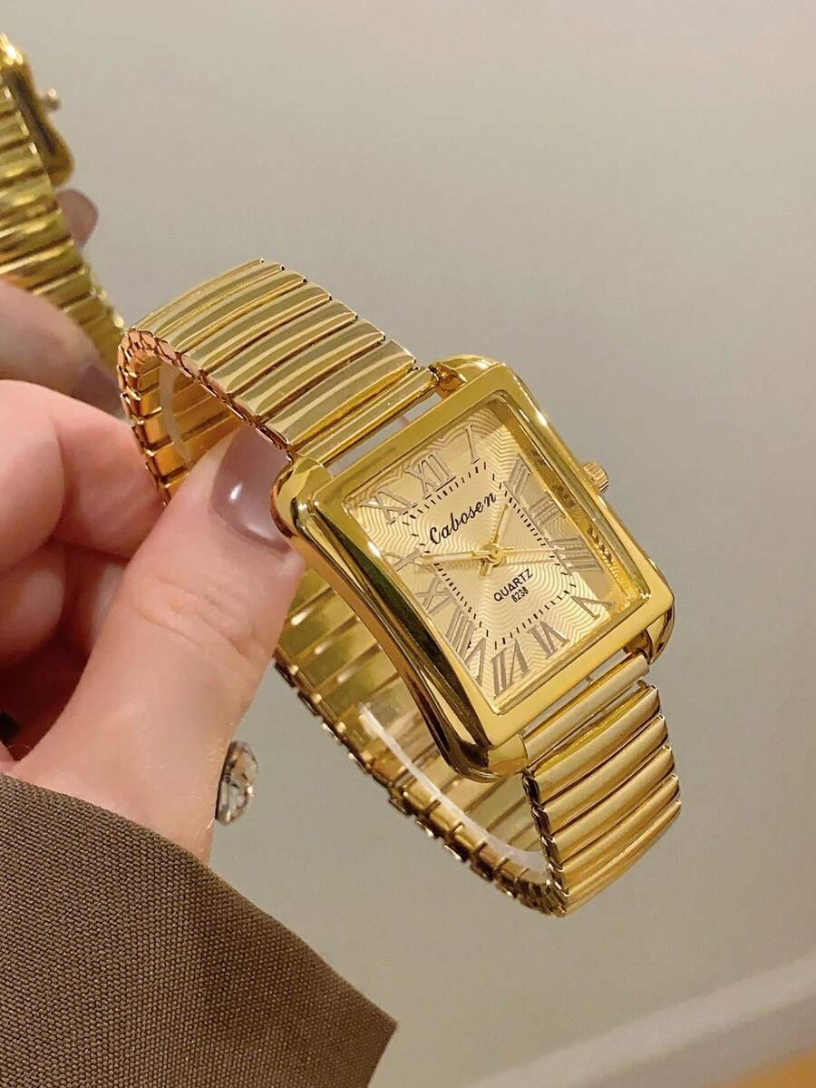 1pc Women's Fashionable & Elegant Gold Barrel Shaped Stainless Steel Gold Dial Roman Numeral Quartz Analog Wrist Watch, Suitable For Daily Decoration - Gold - View 1