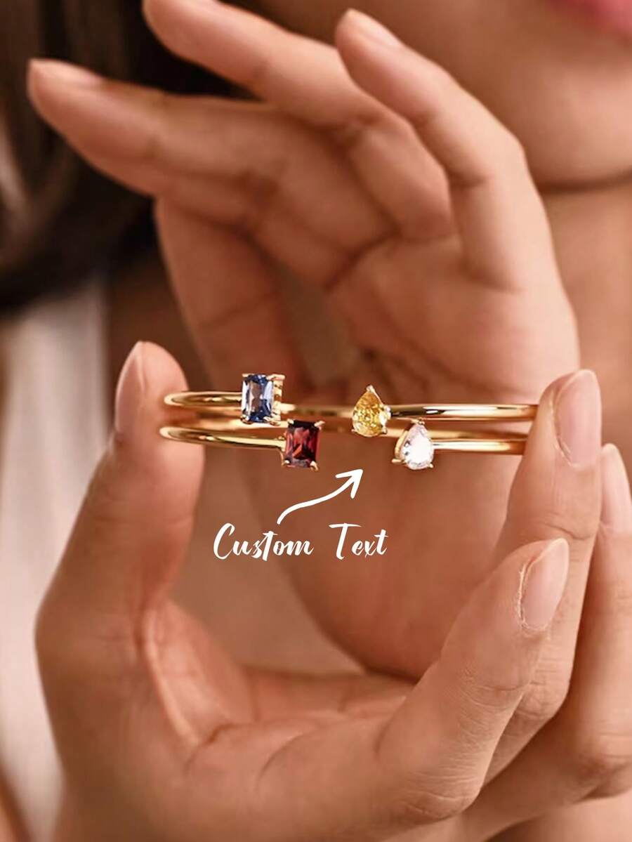 Personalized Double Stone Open Bangle, Customized Birthstone Bracelet, Stainless Steel Stackable Jewelry For Women - Multicolor - View 1