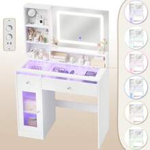 Devoko tocador con espejo LED, iluminación RGB y modo música, tocador con superficie de cristal, cajones, estante abierto, regleta de enchufes, USB/Tipo C y función de temporizador, blanco - Ver 6