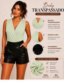 Body Blusa Transpassado Sem Mangas Elegante Luxo - Verde - Visão 4