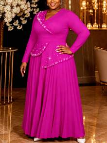 AOMEI Elegant Luxury Plus Size Women Fuchsia Church Fall/Winter Long Dress V-Neck Irregular Ruffle,Beaded Rhinestone Pleated Formal Evening Gown - Hot Pink - View 8