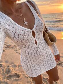 QIANZHIDU VELLA Women's Autumn Deep V-Neck Hollow Crochet Long Sleeve Knit Mini Dress, Suitable For Beach, Back To School Party, Outing, Dating - White - View 1