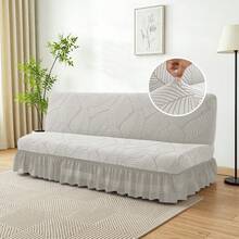 Sofa Bed Cover With Ruffle Hem, Elastic Jacquard Large Leaf Pattern One-Piece Stretch Sofa Cover, Machine Washable Living Room Furniture Protector - Light Grey - View 6