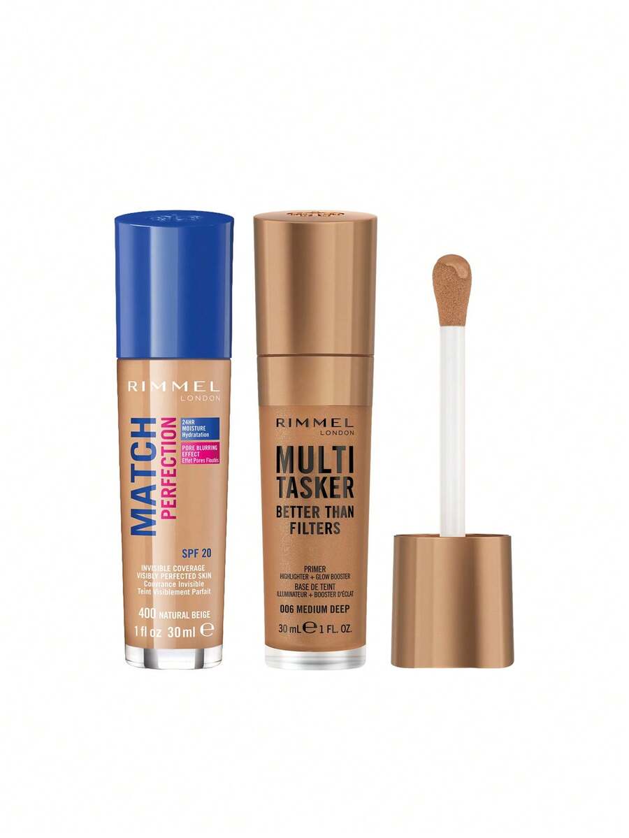 Rimmel [حزمة] كريم أساس Match Perfection بلون بيج طبيعي 400 محايد 30 مل + مُعزز إشراق Multi-Tasker Better Than Filters هايلايتر وبرايمر مضاد للشيخوخة 006 متوسط عميق 30 مل - 400 بيج طبيعي محايد + 006 متوسط غامق - مشاهدة 1