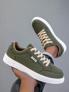 Men's Low-Top Lace-Up Sneakers, Solid Color Minimalist Flat Design, Suitable For Daily Commute, Casual Outings And Leisure Wear - Army Green - View 2