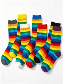 1 Pair 3 Pairs 4 Pairs 7 Pairs Street Style Rainbow Striped Mid-Calf Socks, Color Block Patchwork Casual, Color Block Cuff, Unisex All-Season Wear Mid-Calf Socks - Multicolor - View 18