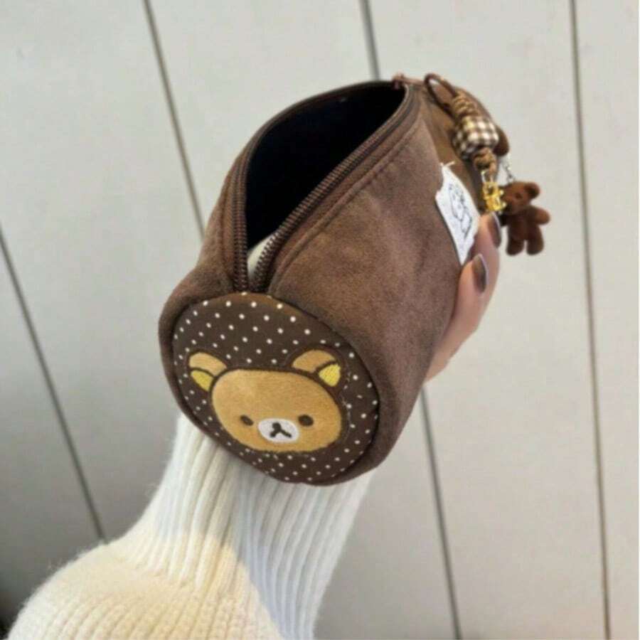 Rilakkuma 刺繡波點可愛熊圓筒筆袋 大容量收納袋 少女感 Ins 風格 適合學生
