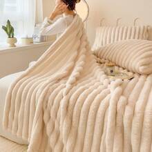 1pc Solid Color Striped Soft Warm Plush Blanket, Room Decor Multi-Functional Throw Blanket, Suitable For Bed, Sofa, Travel, Office, Bedroom Decoration Home Decor Autumn Decor All Season Use, Perfect Christmas And Halloween Gift For Friends And Family - Milky White - View 5
