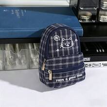 1個喵貓格紋收納袋，迷你後背包款雙線格紋可愛貓咪收納袋，適合裝橡皮擦、便條紙、文具，學生開學與辦公用品適用 - Mini storage bag - 查看 3