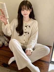 2pcs/Set Women's Pajamas Loungewear Set, Cute Puppy Pendant Solid Color Cardigan Round Neck Long Sleeve Pants, Easy Care Fabric - Champagne - View 8