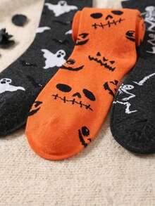3 Pairs Kids Autumn/Winter Halloween Bat Pumpkin Mid-Calf Socks, Soft Comfortable Casual Halloween Gift For Children - Multicolor - View 2