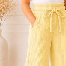 Kids' Wide-Leg Pants, Ribbed Cotton, Comfortable And Soft With Pockets - 黃色 - 查看 2