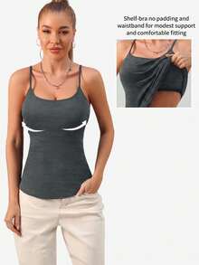 1pc Adjustable Strap Padless Camisole, Casual Layering Sleeveless Top, Backless Design, Deep Grey, Spring/Summer - Dark Grey - View 2