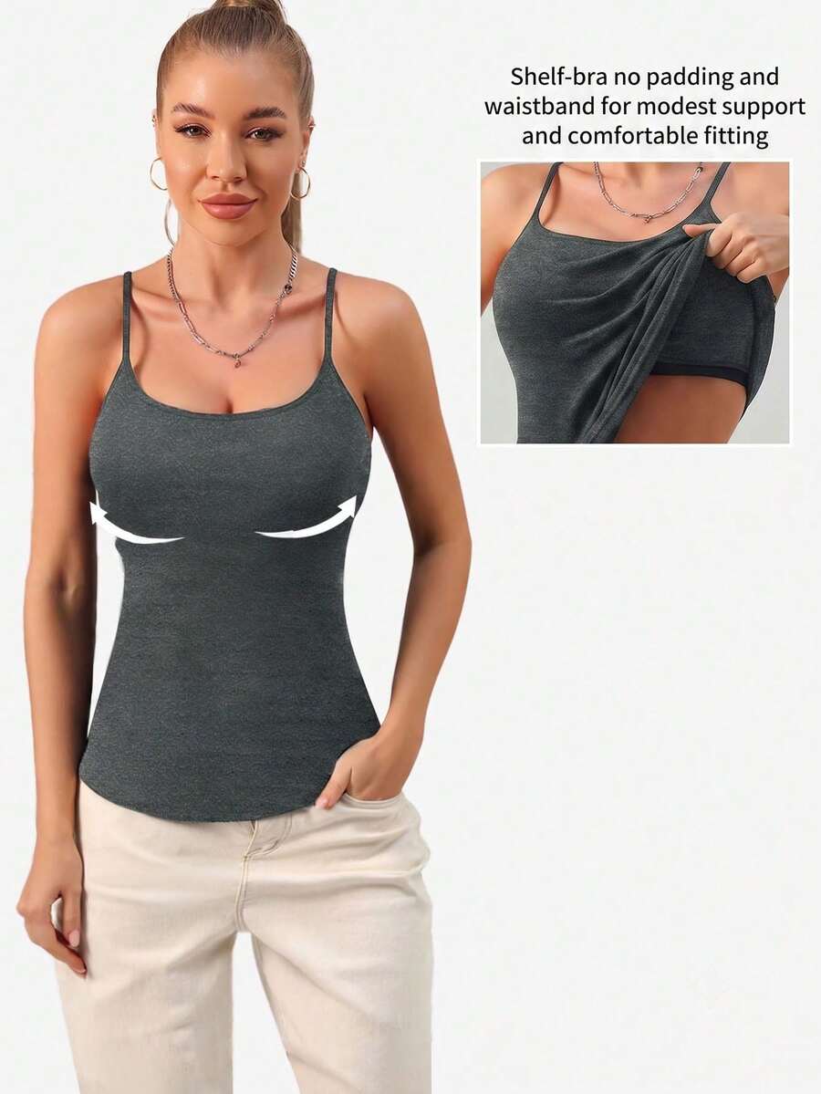 1pc Adjustable Strap Padless Camisole, Casual Layering Sleeveless Top, Backless Design, Deep Grey, Spring/Summer