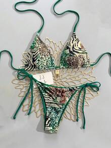 女款性感露背斑馬紋前綁帶比基尼泳衣套裝，高彈性兩件式度假泳裝 - 軍綠豹紋 - 查看 2