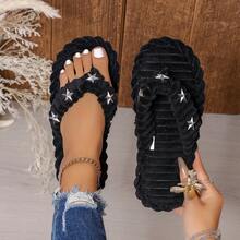 Sandal Jepit Hangat Musim Gugur/Dingin, Sandal Jepit Berhiaskan Bintang, Sol Lembut, Sandal Serbaguna untuk Dalam dan Luar Ruangan untuk Wanita - Hitam - View 9