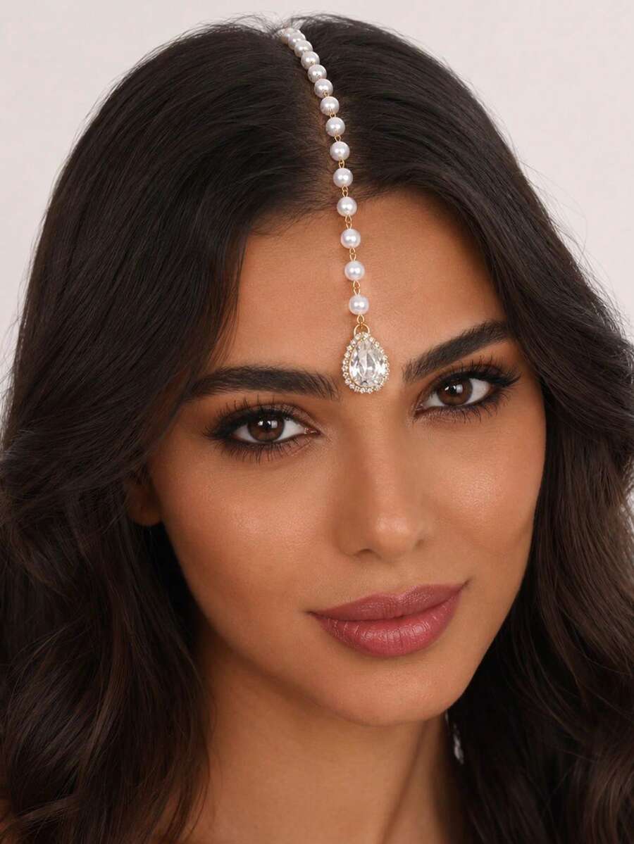Coiffure de mariage pour femmes du Moyen-Orient à la mode, bandeau de front avec chaîne de perles et pendentif en forme de larme, bijou de tête décoratif élégant - Doré - Voir 1