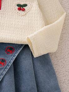 Autumn/Winter Baby Girl Cute Red Turn-Up Collar Cherry Embroidery Long Sleeve Top & Pleated Denim Skirt Set - Apricot - View 4