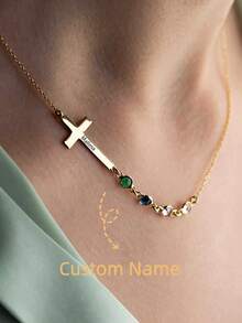 Collier croix personnalisé avec pierre de naissance, croix latérale personnalisée avec pierre de naissance, collier pour femme, collier en or exquis, bijoux de famille personnalisés avec pierre de naissance, cadeau significatif pour la mère - Multicolore - Voir 1
