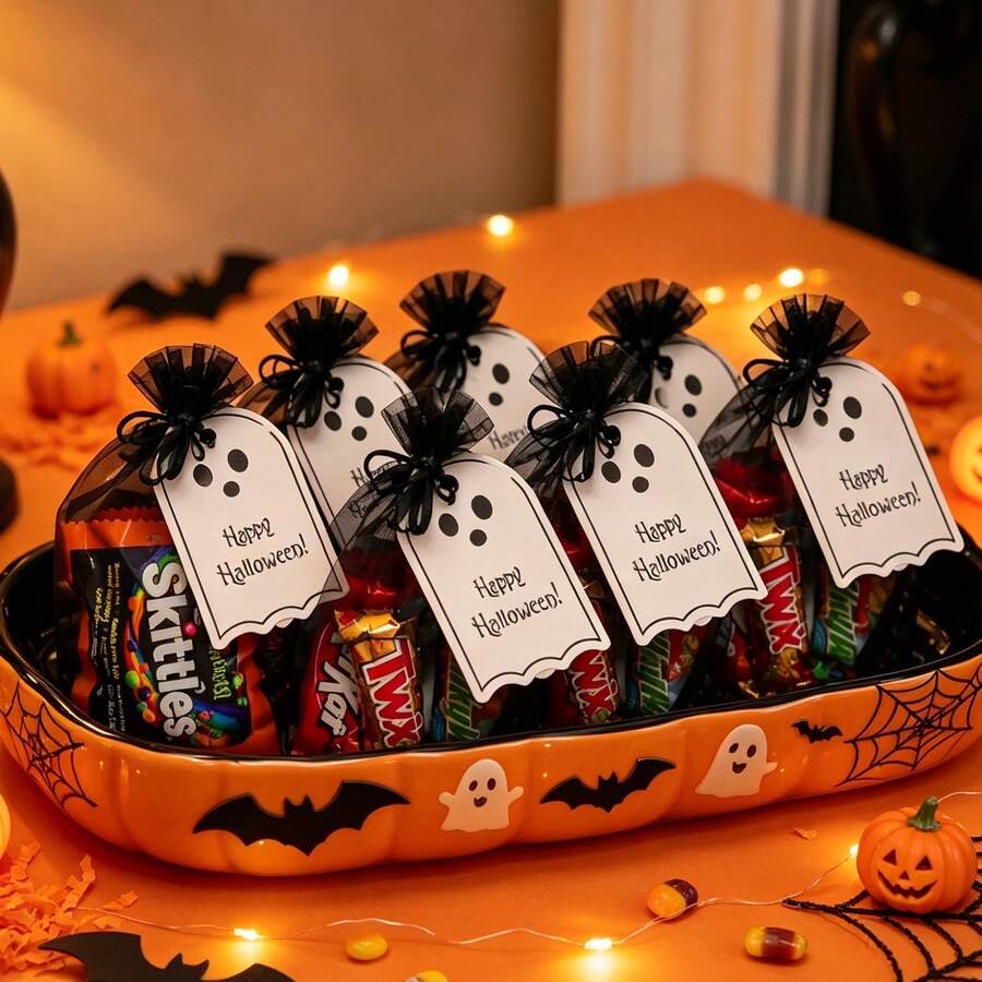 Halloween Candy Bag Set, 10 Organza Bags And 10 Ghost Tags, Halloween Trick Or Treat Gifts/Party Decorations - Multicolor - View 1