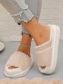 Plus Size 36-43 Women's Solid Color Casual Fairy Style Fuzzy Lined Soft Flat Half-Slip-On House Shoes, Thick Fleece Warm Indoor Slippers For Winter, Multiple Colors Available - Beige - View 4