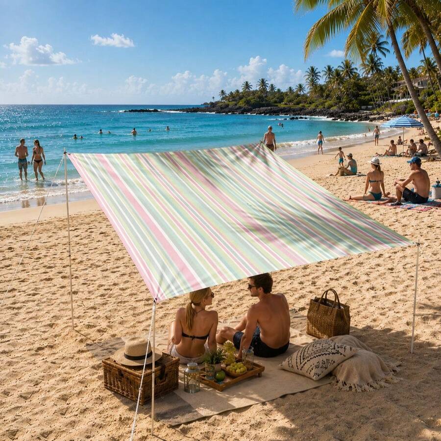 Green Pink Yellow Thin Striped Sun Shade Sail, Outdoor UV Protection Sun Shade Cloth, Large Size Patio Garden Shade Canopy, Easy Installation With Fixing Rope - Multicolor - View 1