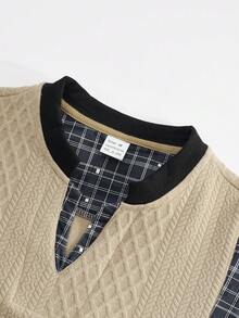 Men's Diamond Jacquard Notch Neck Sweatshirt, Contrast Plaid Splicing Long Sleeve Casual Pullover - Khaki - View 4