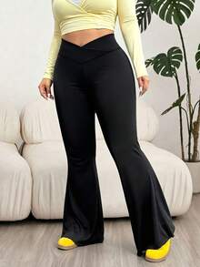 Women's Black Casual Plus Size High Waist Flare Pants - Black - View 2