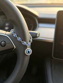 1pc Silver Blue Evil Eye Car Steering Wheel Chain, Sparkling Rhinestone Turkish Evil Eye Pendant Decoration, Bohemian Style Car Interior Decor For Good Luck And Protection, Suitable For Most Car Models - Evil Eye - View 3