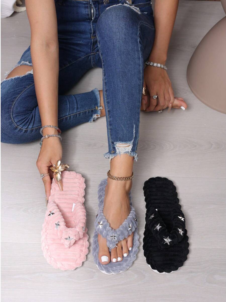 Sandal Jepit Hangat Musim Gugur/Dingin, Sandal Jepit Berhiaskan Bintang, Sol Lembut, Sandal Serbaguna untuk Dalam dan Luar Ruangan untuk Wanita