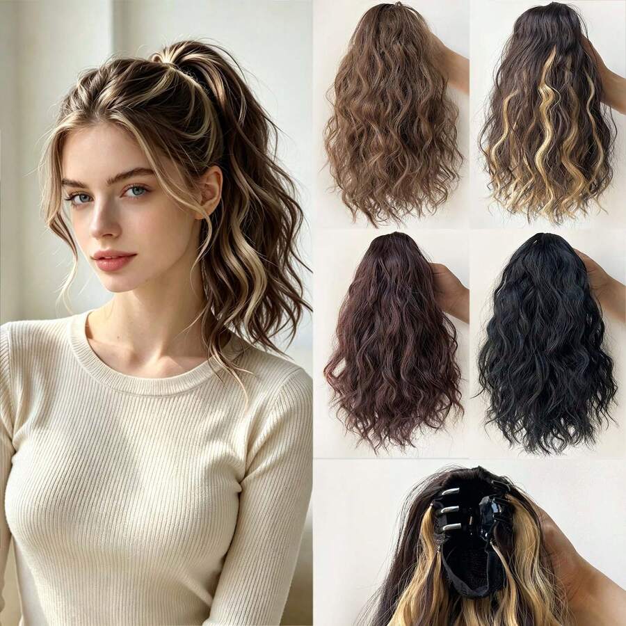 Kẹp tóc đuôi ngựa nối tóc nữ, tóc giả sợi tổng hợp bồng bềnh, kiểu ngắn xoăn sóng, ôm chắc, phù hợp cho tiệc tùng và đeo hàng ngày - Nhiều màu - Xem 1
